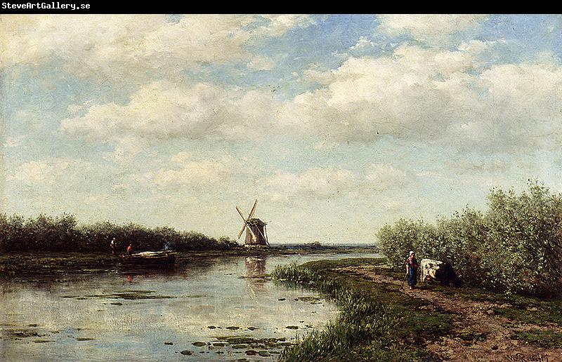 Willem Roelofs Figures On A Country Road Along A Waterway